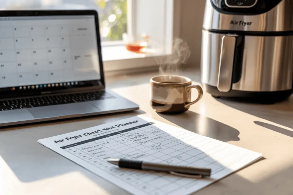 Printable air fryer cheat sheet and weekly planner laying on a kitchen table next to an open laptop and a pen. A coffee mug and air fryer in the background.