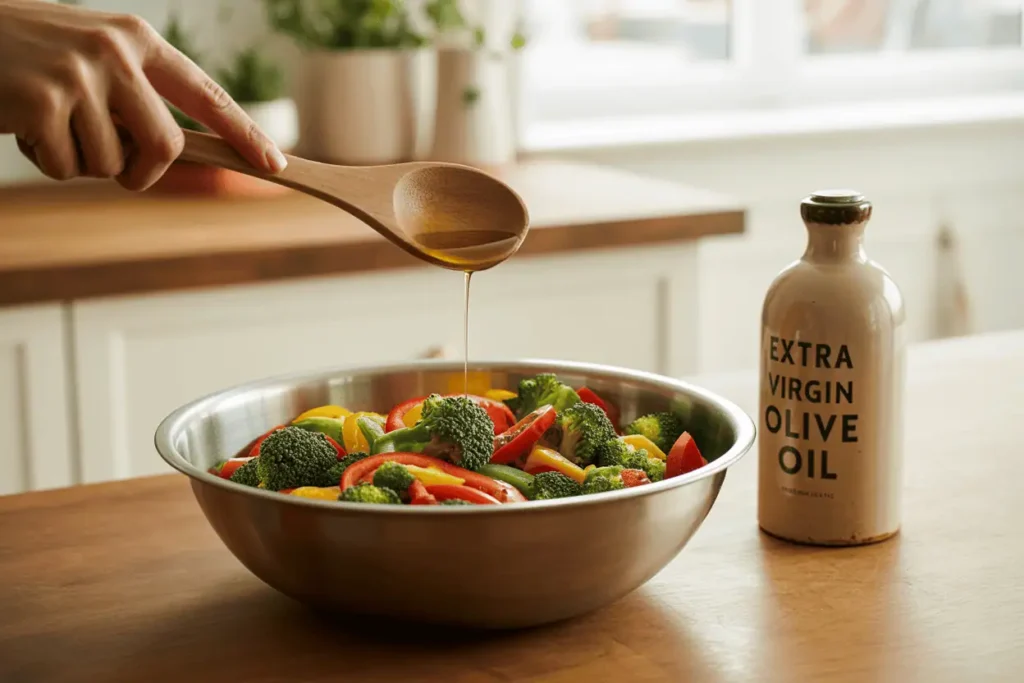 Bowl of raw vegetables being lightly tossed with oil before air frying. Olive oil bottle nearby, hand with spoon mid-motion. Bright kitchen with rustic wood counters.