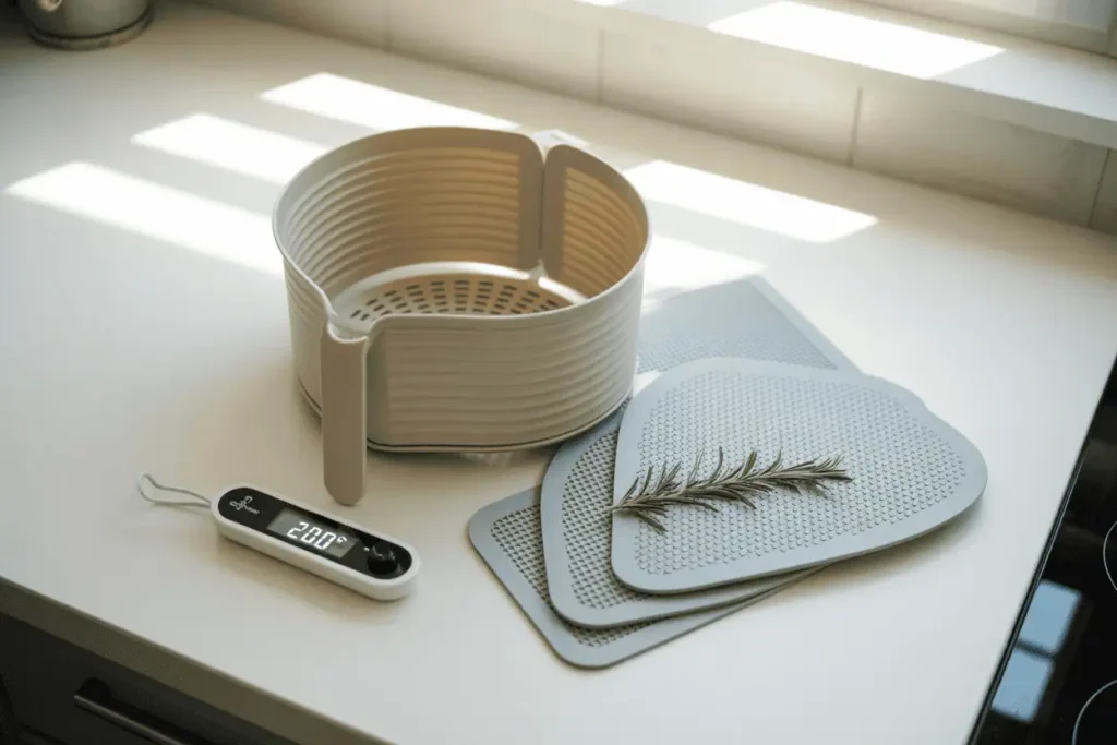 A flat lay of essential air fryer accessories: silicone basket liner, thermometer, silicone mats on a clean countertop. Natural kitchen setting with soft shadows.