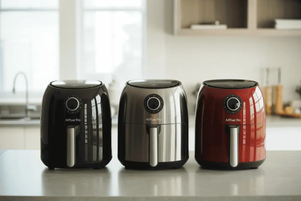 A lineup of three different air fryer models in a modern kitchen. Each air fryer styled with a different color or design, with a neutral background. Natural home feel.