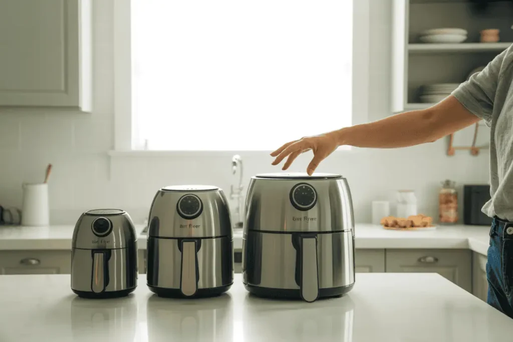 Three air fryers of different sizes side by side on a clean kitchen counter, with a human hand reaching for the medium-sized one. Neutral kitchen background.