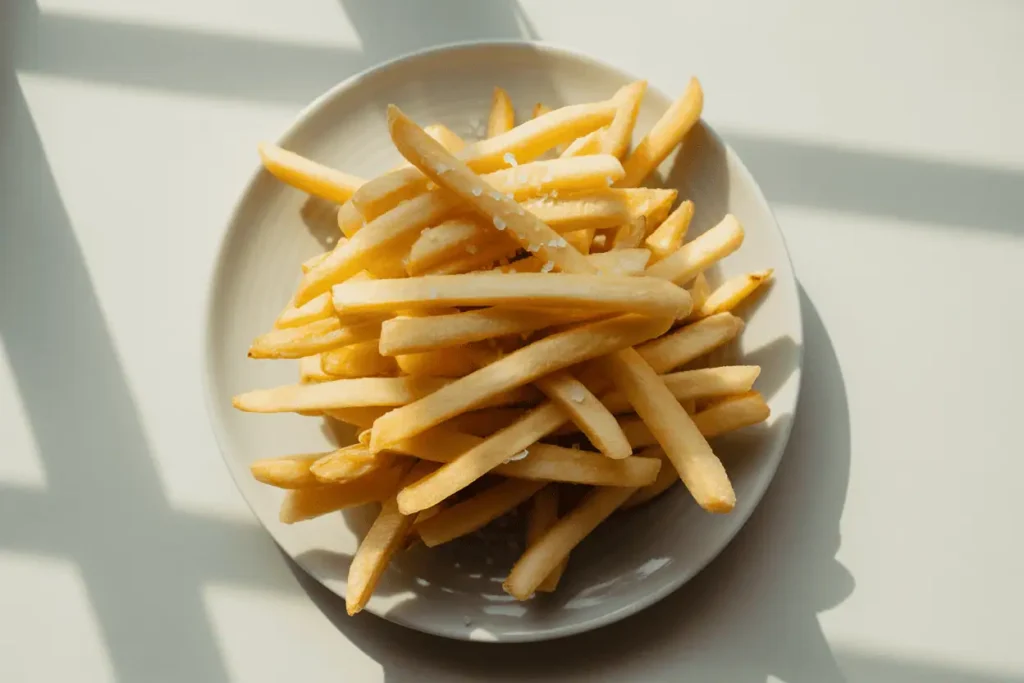 Extreme close-up of crispy golden french fries just out of the air fryer, showing detailed texture and browning. Natural lighting, warm tones, shot from above.