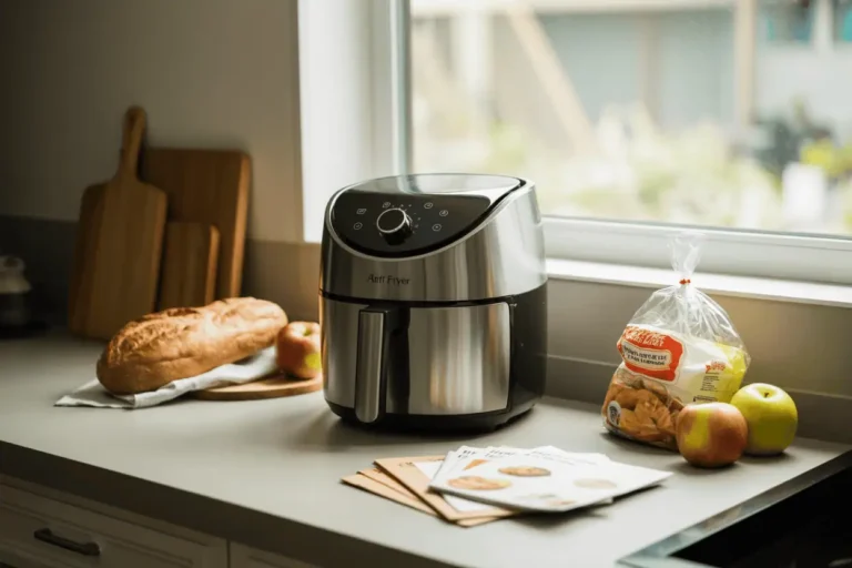 A cozy kitchen countertop with a brand new air fryer sitting unused, surrounded by a few untouched manuals and some groceries. Natural daylight through the window, lifestyle-style framing.