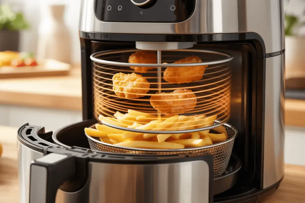 Close-up cross-section cutaway view of an air fryer in action – hot swirling air surrounding food (like fries or nuggets), visualizing the convection process. No text, stylized as an infographic photo