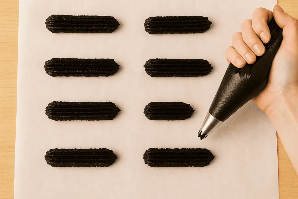 3. Pipe the Dough: Transfer the dough to a piping bag with a star tip (or use a zip-top bag with the corner snipped). Pipe 3 to 4-inch churro shapes onto parchment paper.