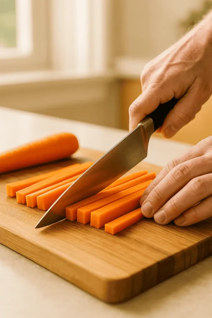 Prep the carrots. Peel and cut the carrots into even sticks—about 3 to 4 inches long and 1/2 inch thick.