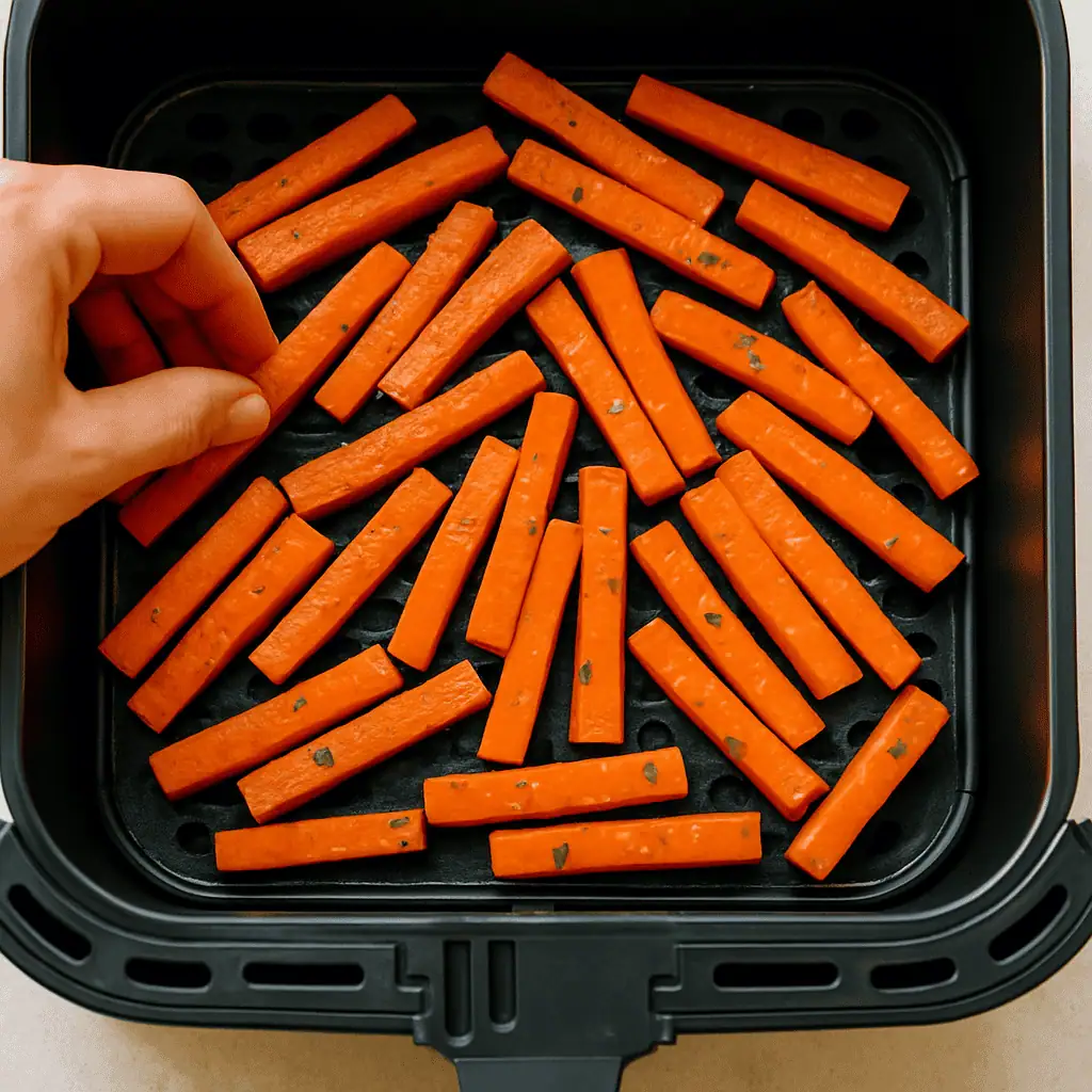 Arrange in the air fryer basket. Place the carrots in a single layer in the basket. Pro Tip: Keep thicker pieces toward the edges and thinner ones in the center for even cooking.