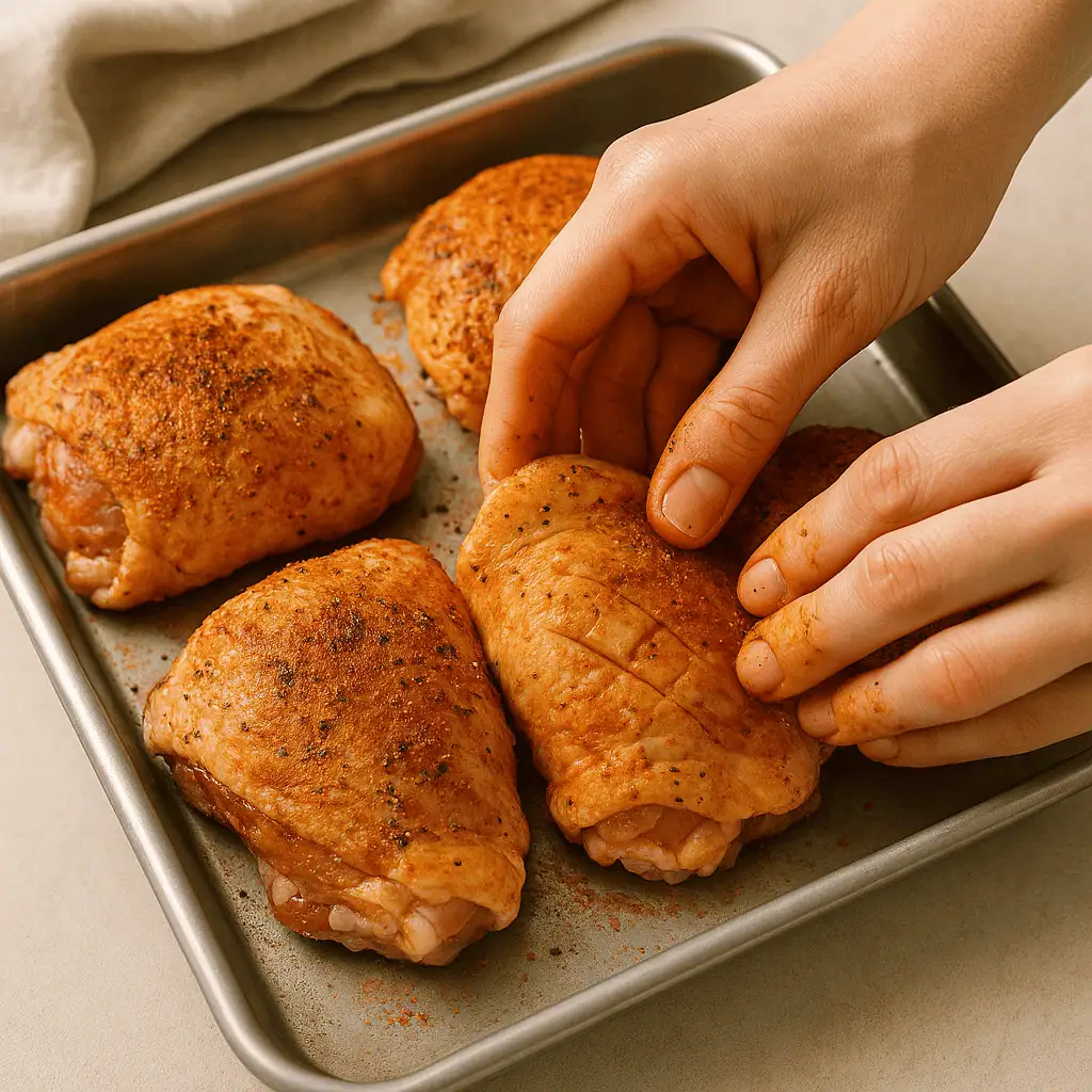 Season: In a small bowl, mix 1 tbsp olive oil, 1 tsp paprika, 1 tsp garlic powder, 1/2 tsp onion powder, 1/2 tsp thyme, salt, and pepper to taste. Rub this all over the chicken, getting under the skin if possible.
