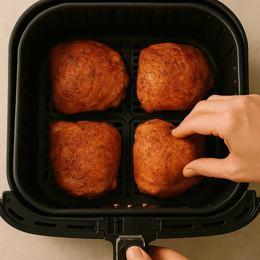 Air fry - part 1: Place thighs skin-side down in the basket. Cook at 380°F for 10 minutes.