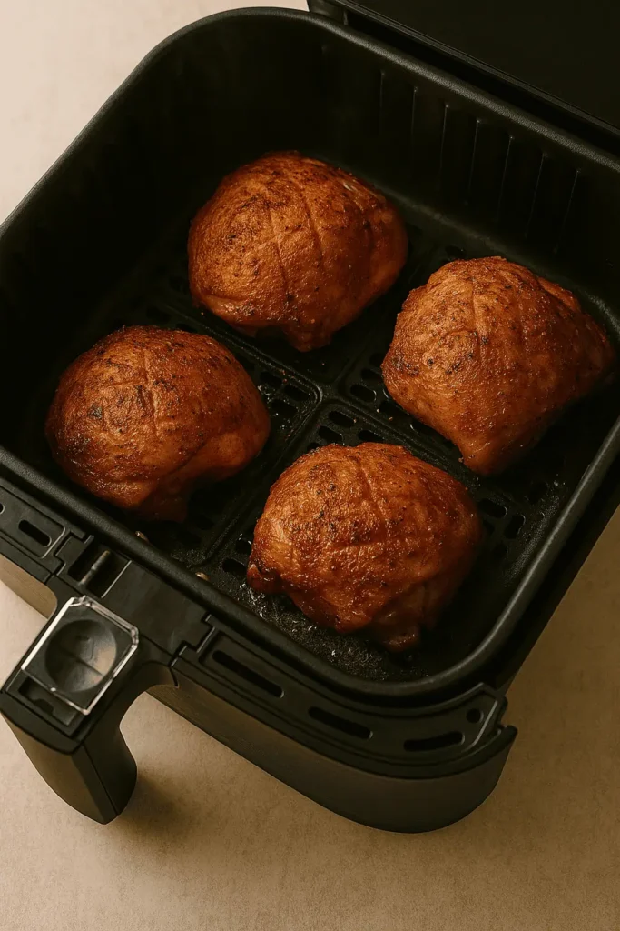 Flip & finish: Flip thighs skin-side up and air fry for another 7-10 minutes, or until internal temperature reaches 165°F (74°C).
