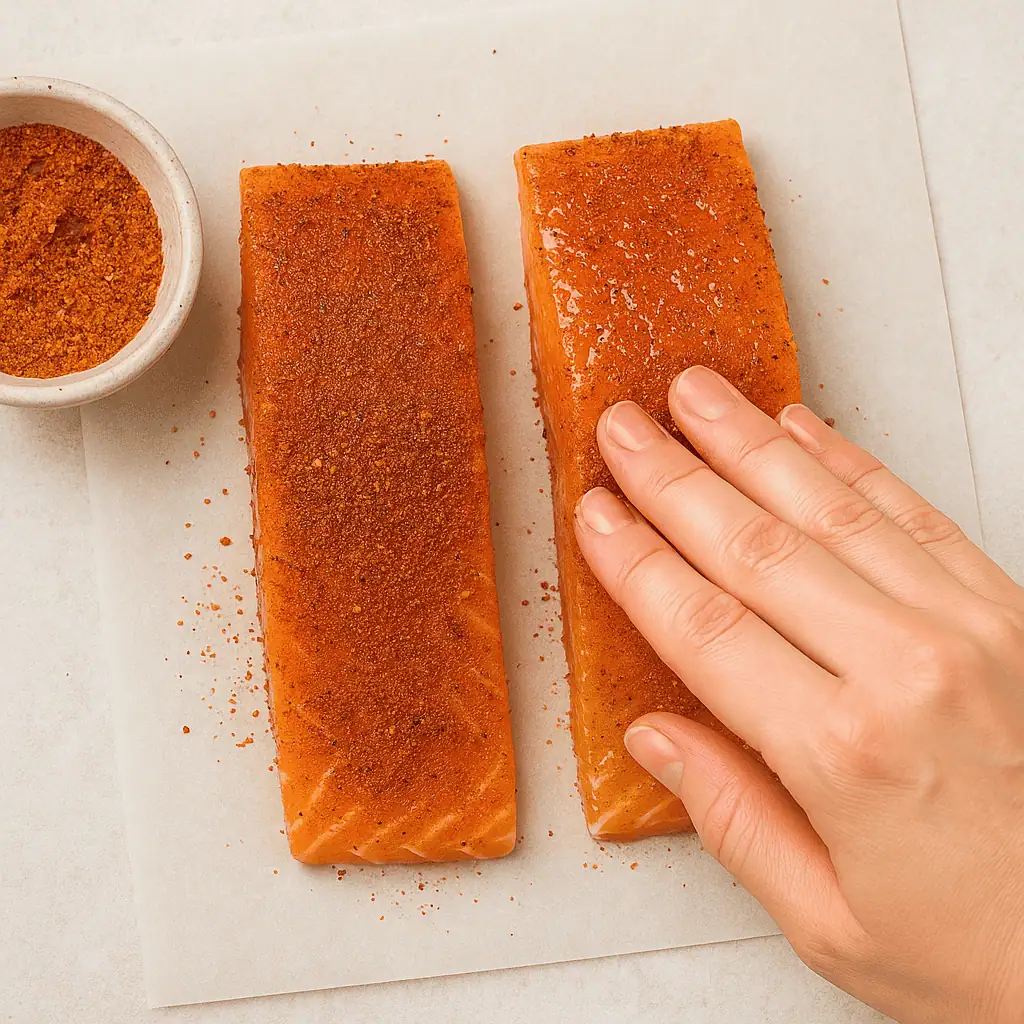 Season generously: Press the spice mixture firmly onto the oiled flesh side.