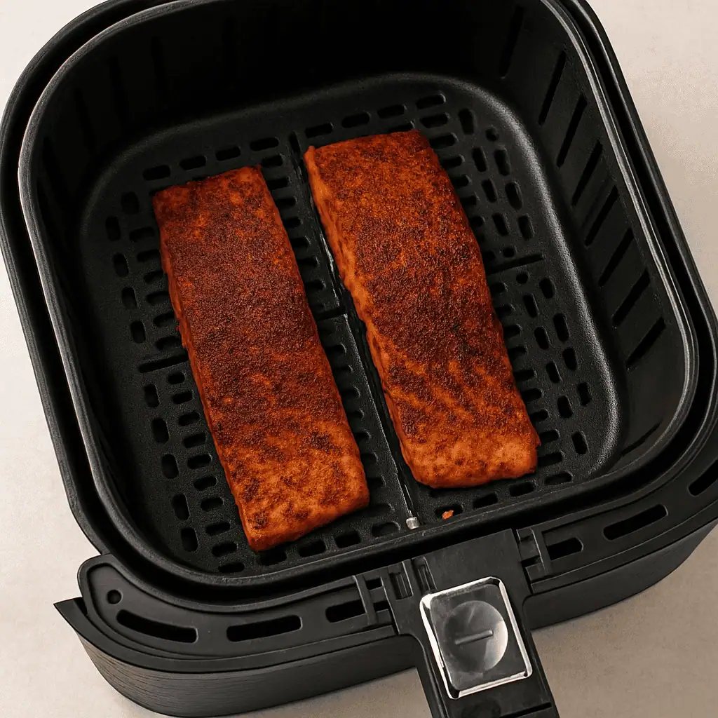 Air fry: Preheat air fryer to 400°F. Place salmon skin-side down in the basket. Cook for 7–8 minutes.