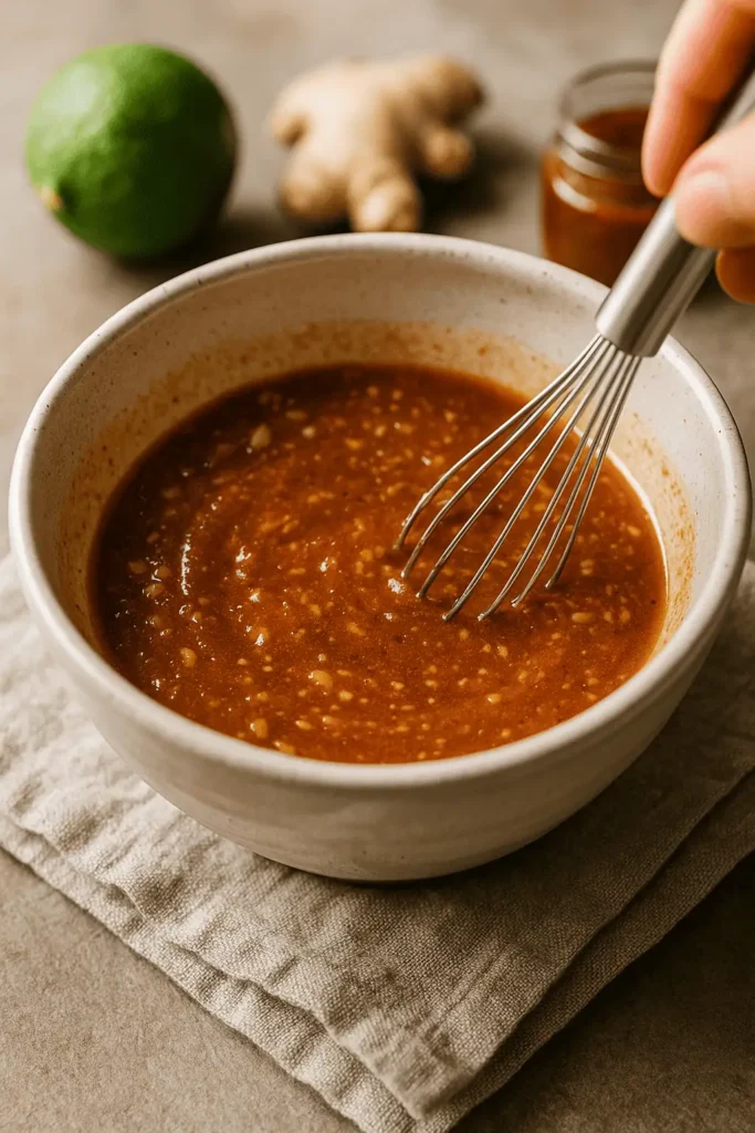 Make the curry glaze: In a small bowl, whisk together 1/2 cup coconut milk, 1 tablespoon red curry paste, 1 teaspoon grated ginger, 1 clove minced garlic, 1 tablespoon soy sauce, 1 teaspoon brown sugar, and 1 teaspoon lime juice.