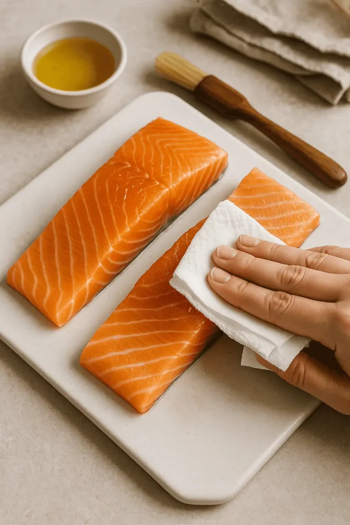 Prep the salmon: Pat your salmon fillets dry and lightly brush with oil. Place them skin-side down in the air fryer basket.