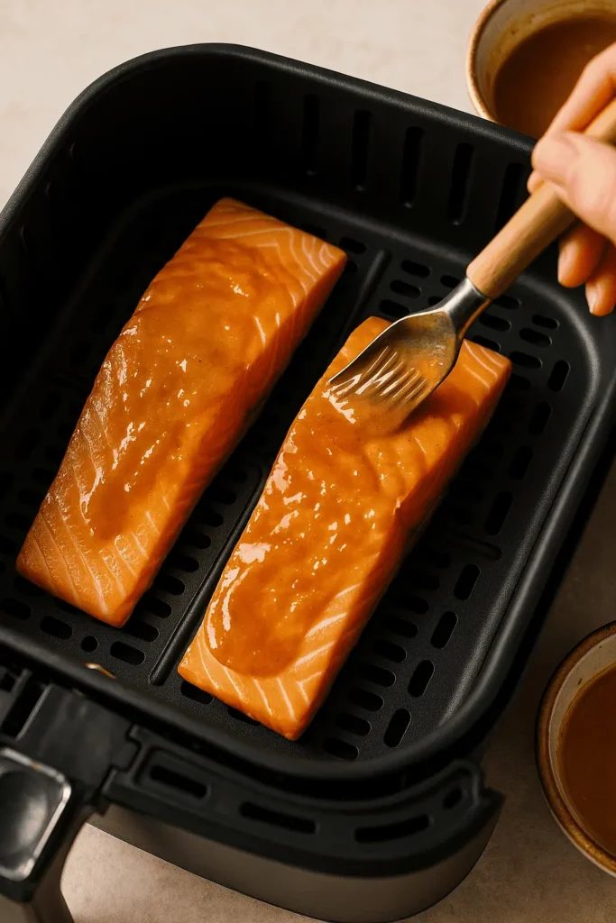 Glaze the fillets: Spoon half the curry mixture over the tops of the salmon.