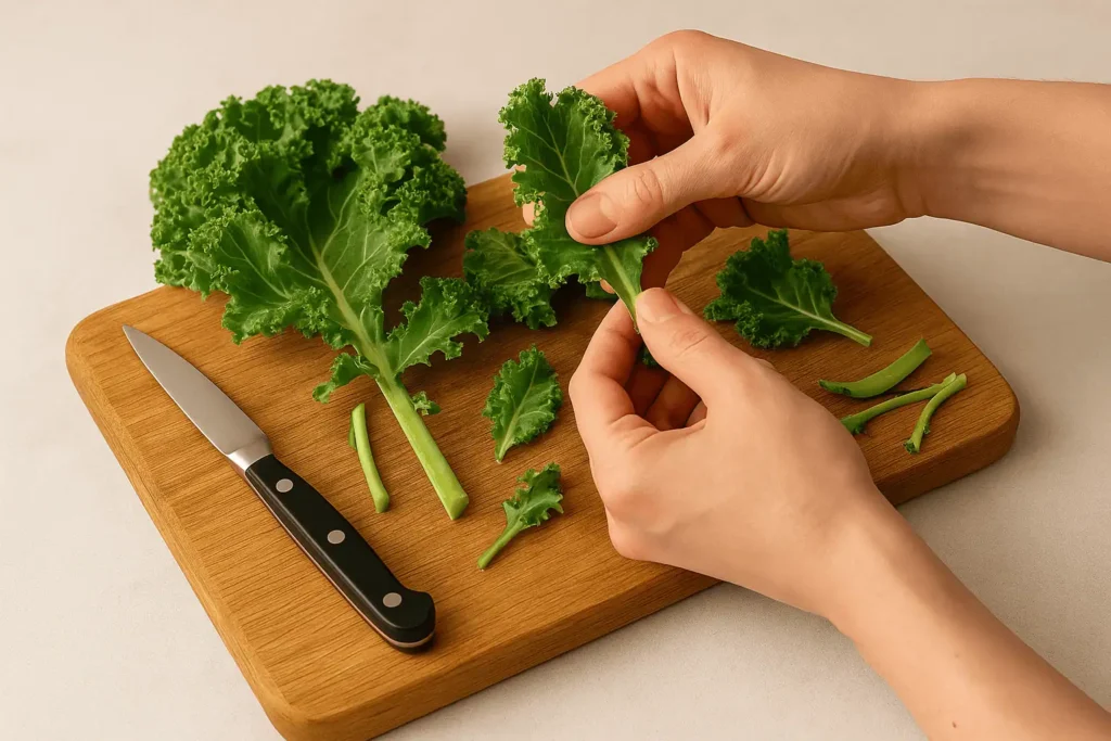 Prep the kale. Wash the kale thoroughly and dry it very well using a salad spinner or paper towels. Remove thick stems and tear the leaves into large pieces.