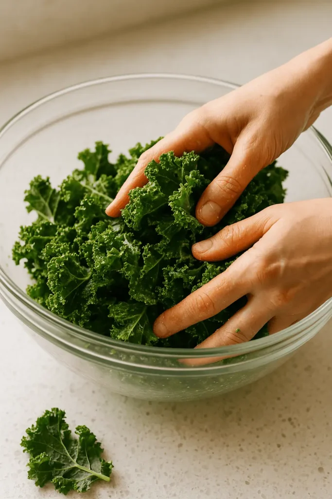2. Season. Toss the kale in a large bowl with 1/2 tablespoon olive oil, 1 tablespoon nutritional yeast, and a pinch of salt. Mix well to coat every piece lightly.Pro Tip: Massage the kale gently while tossing—it helps the seasoning stick and improves the texture.