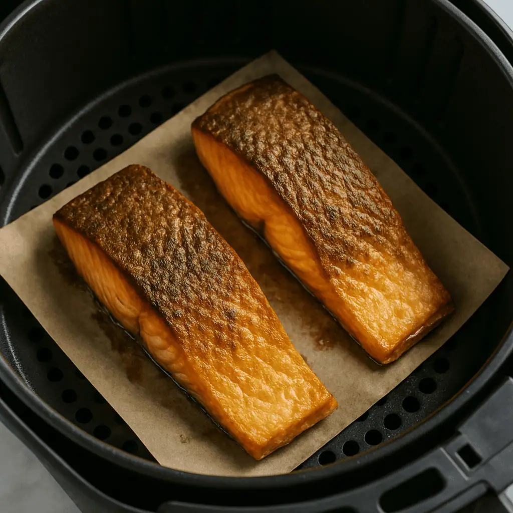 Air fry: Cook for 7-10 minutes depending on thickness. No need to flip. Skin should be crisp and fish opaque.