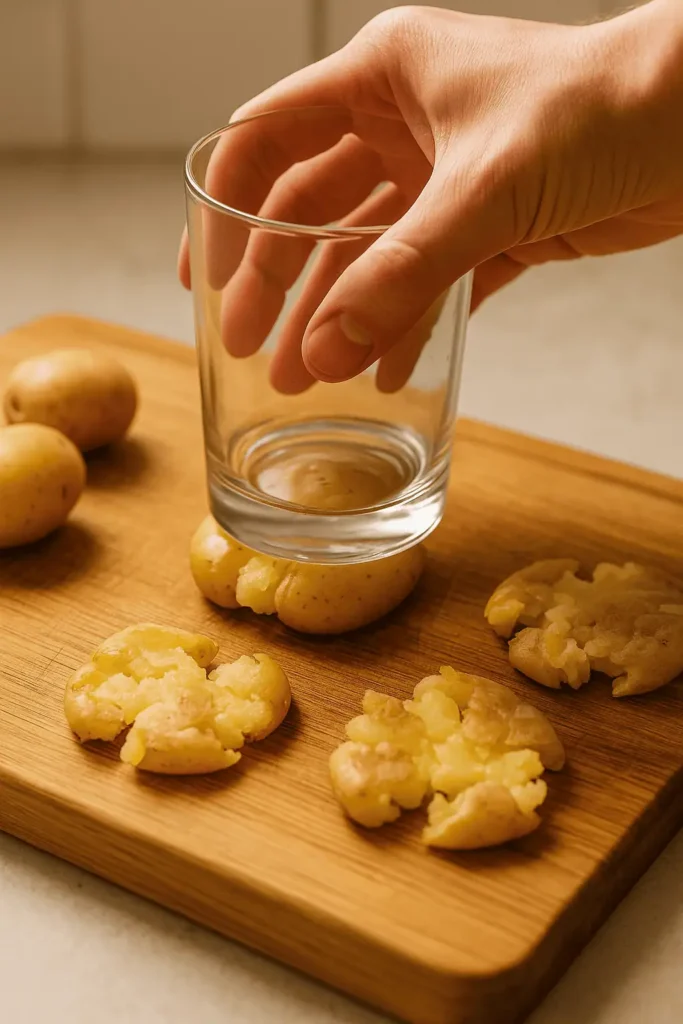 Smash them – Place the potatoes on a cutting board or baking sheet. Use the bottom of a glass or mug to gently press down until they’re about 1/2 inch thick.