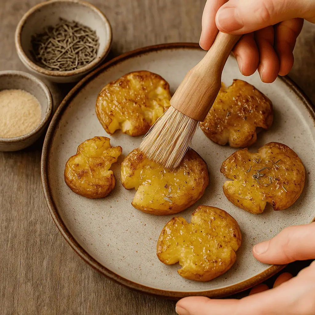 Season and oil – Brush both sides of each smashed potato with olive oil. Sprinkle with garlic powder, dried rosemary, and salt.