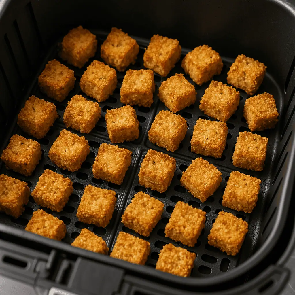 4. Air fry: Preheat your air fryer to 375°F (190°C). Arrange eggplant cubes in a single layer. Cook for 12-14 minutes, flipping halfway, until golden and crispy.
