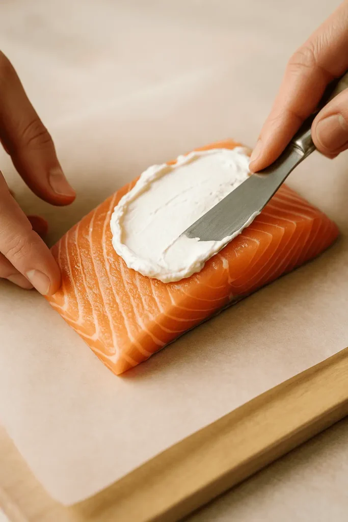 1. Prep the salmon: Pat the fillets dry. Spread 1 tablespoon of cream cheese on the top of each fillet.