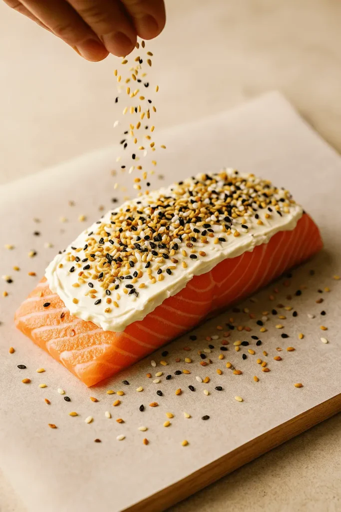 2. Season: Sprinkle 1 tablespoon of everything bagel seasoning over each fillet, pressing lightly to adhere.