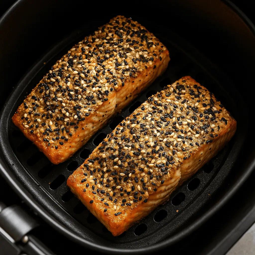 3. Air fry: Place the salmon fillets in the air fryer basket. Air fry at 380°F for 8 minutes, or until the salmon flakes easily with a fork.