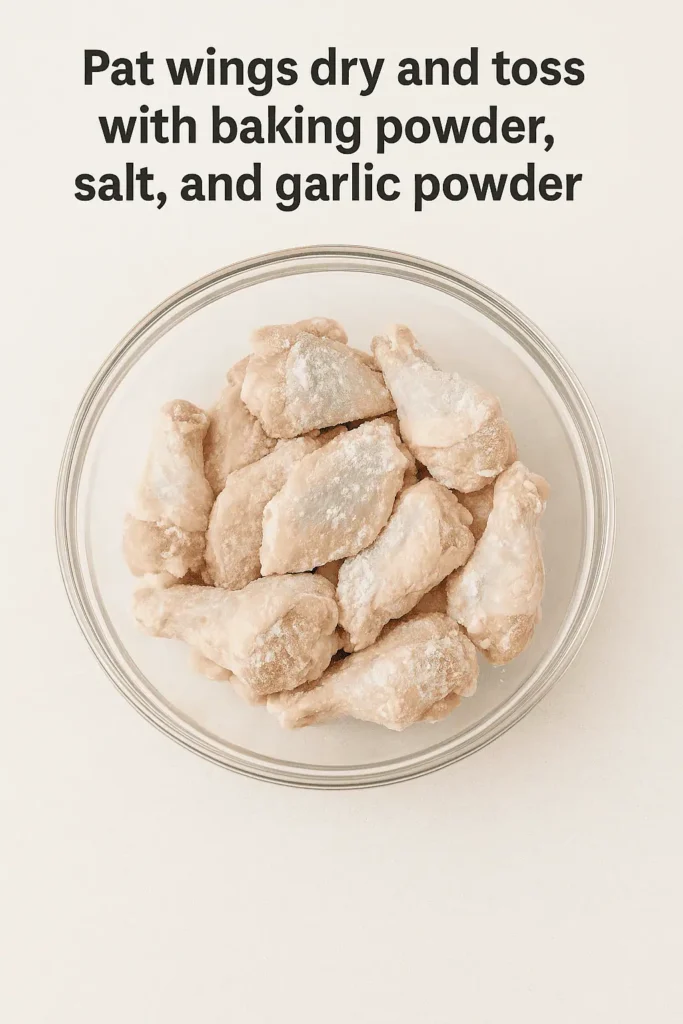 Prep the wings: Pat your chicken wings dry with paper towels (this is key to crispiness). Toss them in a bowl with 1 tbsp baking powder, 1/2 tsp salt, and 1/2 tsp garlic powder.