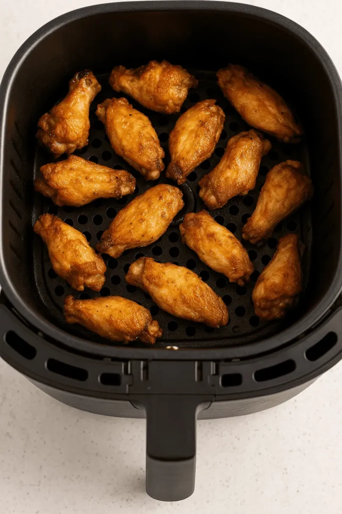 Air fry the wings: Preheat your air fryer to 380°F (193°C). Place the wings in a single layer in the basket. Cook for 25-28 minutes, flipping halfway through. Then increase to 400°F (204°C) and cook for 5-6 more minutes until the skin is extra crispy.