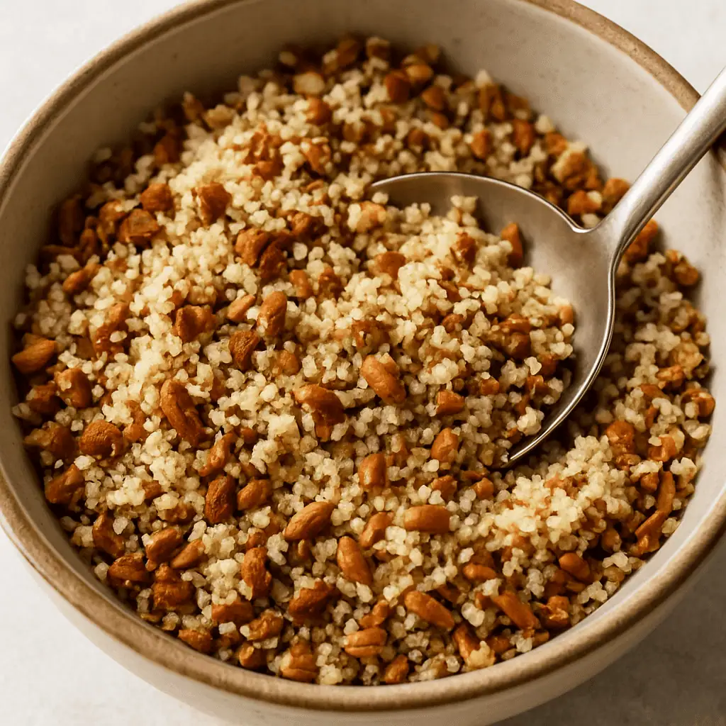 Mix the topping: Combine 1/2 cup chopped pecans and 1/4 cup panko breadcrumbs (optional) in another bowl.