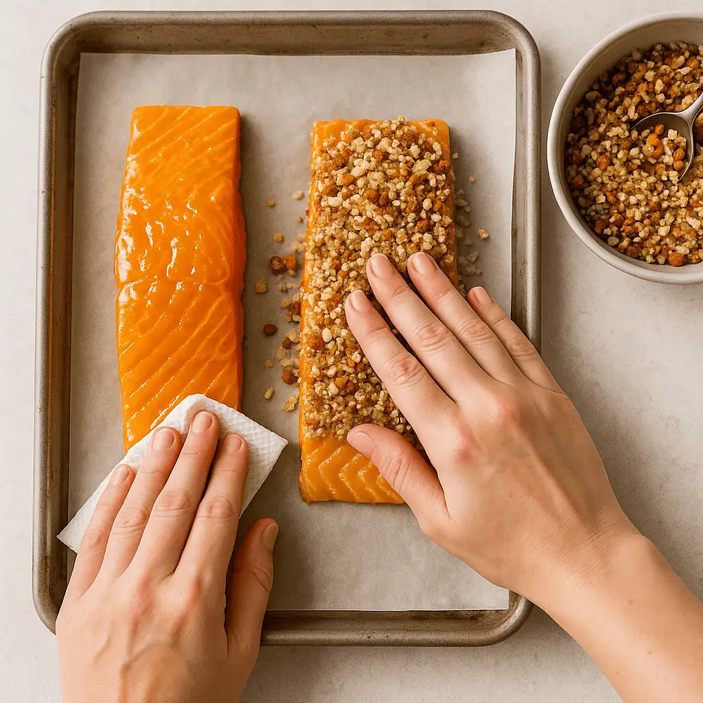 Assemble: Brush the glaze over the top of each fillet, then press the pecan mixture firmly on top.