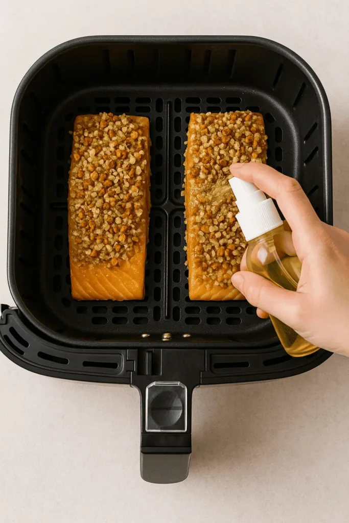 Air fry: Place fillets in the air fryer basket (skin-side down if applicable). Spray tops lightly with olive oil spray.