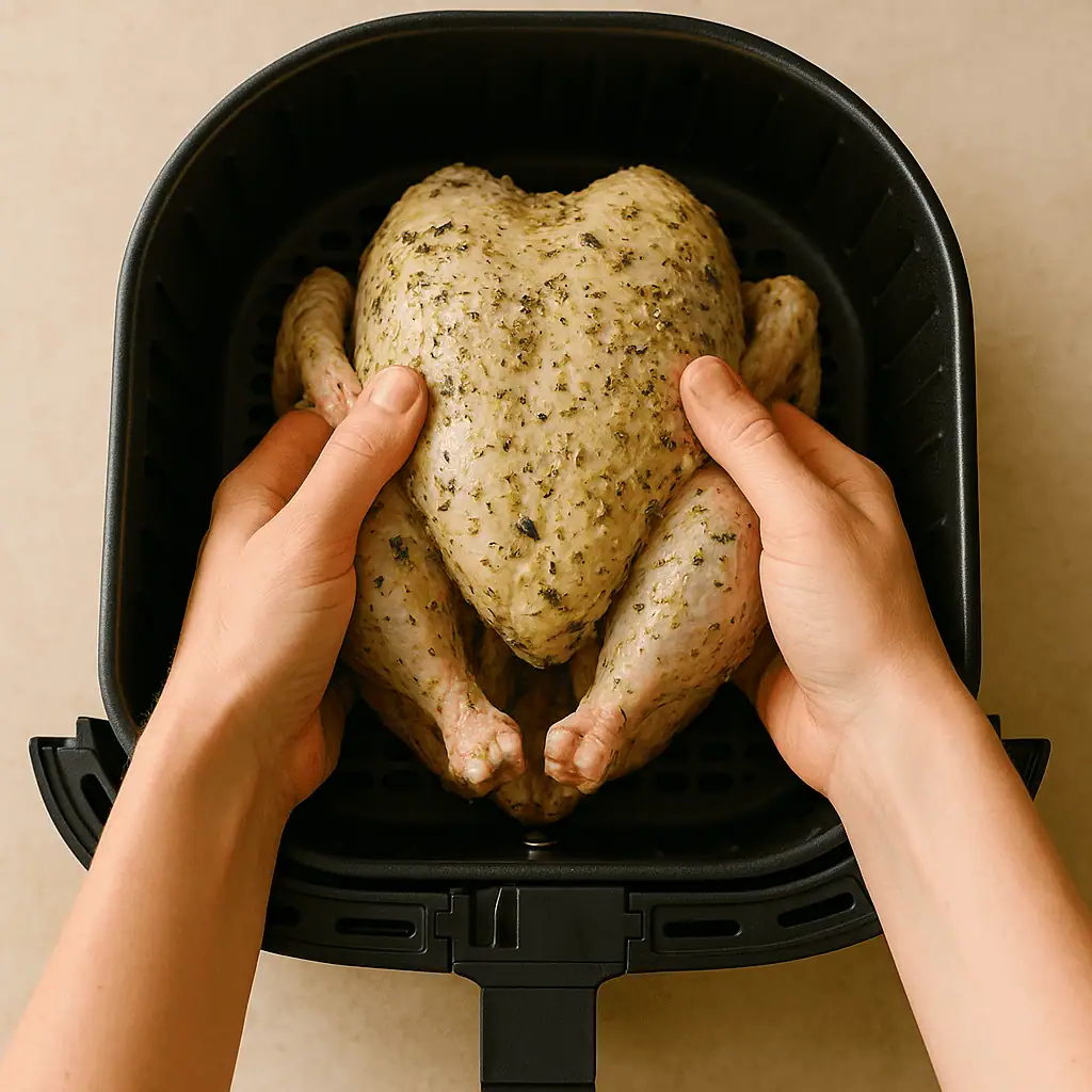 4. Place chicken breast‑side down into the basket.
Pro Tip: Don’t overcrowd the basket—air circulation is key to crispiness.