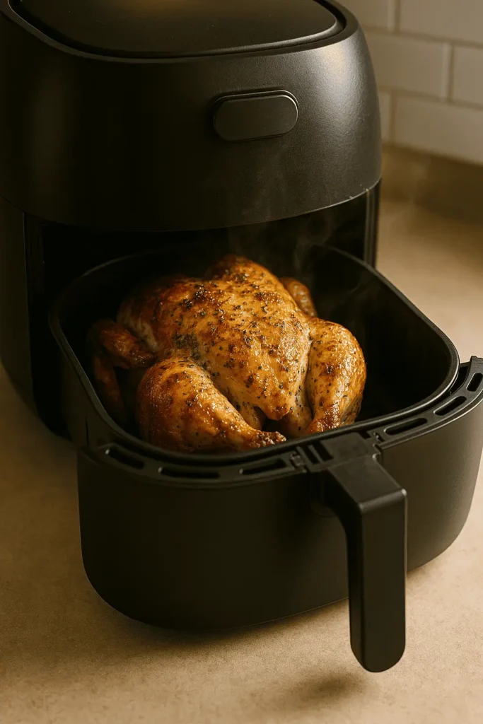 6. Carefully flip the chicken (use tongs and oven mitts!). Return it breast‑side up, and continue cooking for another 20–30 minutes—until internal temps reach 160 °F (breast) and 175 °F (thigh).