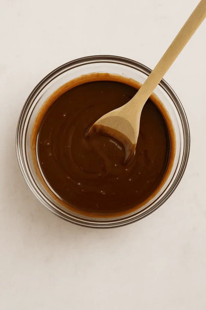 In a microwave-safe bowl, melt 4 oz semi-sweet chocolate and 1/2 cup butter together in 20-second bursts, stirring in between until smooth.