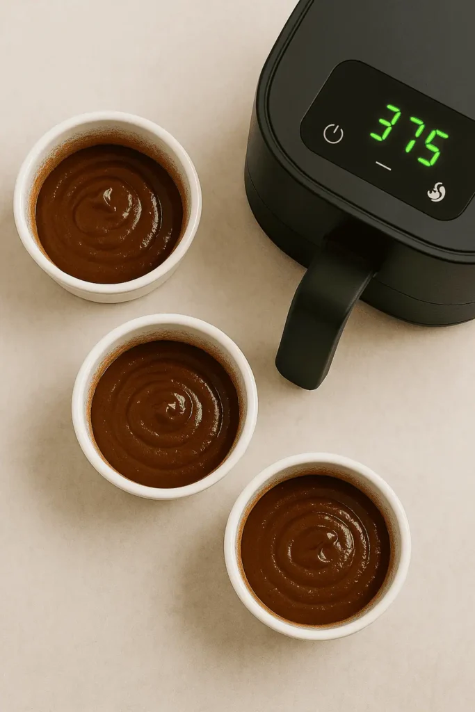 Divide the batter evenly among ramekins. Preheat your air fryer to 375°F for 3 minutes.