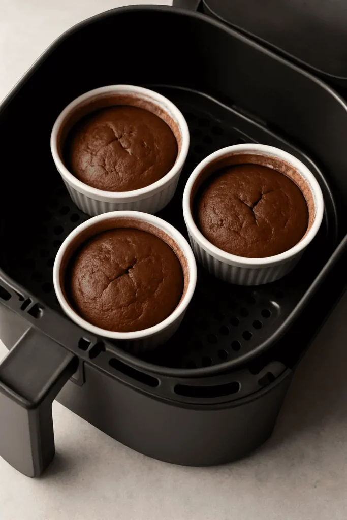 Place ramekins in the air fryer basket. Cook at 375°F for 8-9 minutes. The tops should look set, but a gentle jiggle tells you the center is still molten.