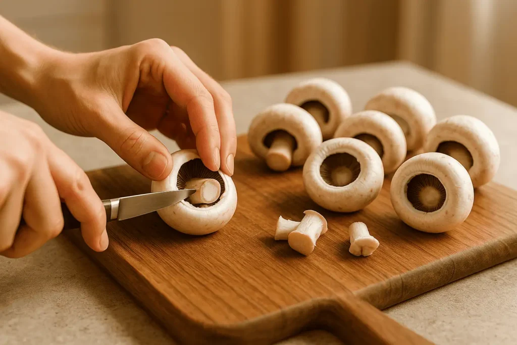 Prep the mushrooms: Remove stems and gently clean the mushroom caps with a damp paper towel. Pat them dry thoroughly.