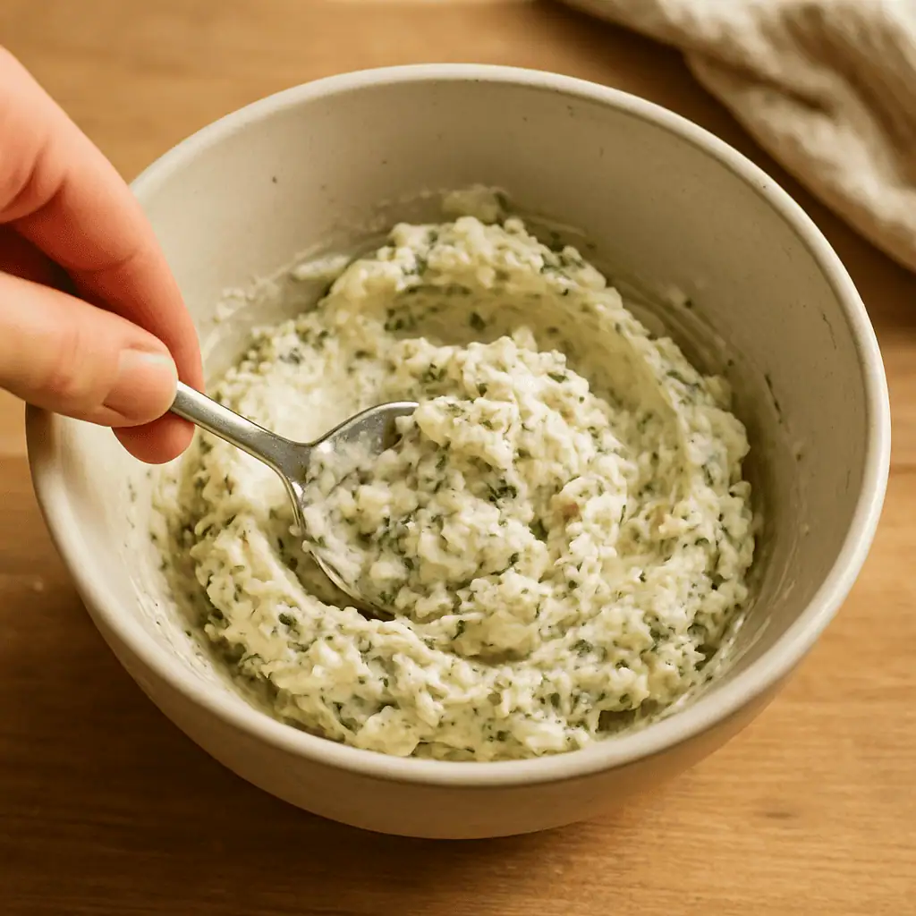 2. Make the filling: In a bowl, mix 4 oz cream cheese, 1 clove minced garlic, 1 tsp dried herbs, and 2 tbsp breadcrumbs. Stir until combined.