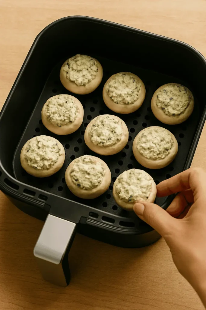 Stuff the mushrooms: Spoon the mixture into each mushroom cap, pressing gently so it doesn’t overflow.