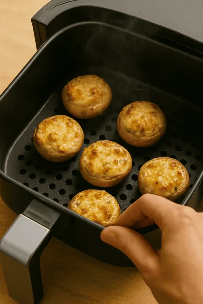 Air fry: Place the stuffed mushrooms in the basket in a single layer. Cook at 370°F for 8-10 minutes until golden and bubbling.