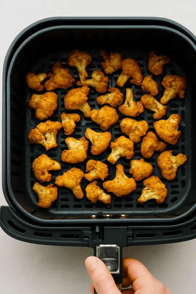 First air fry: Preheat your air fryer to 375°F. Add the cauliflower in a single layer (work in batches if needed). Cook for 15 minutes, flipping halfway through.