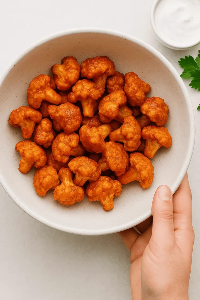 Sauce and second fry: Toss the crispy florets in your wing sauce until well coated. Return to the air fryer and cook for another 5 minutes to set the sauce.