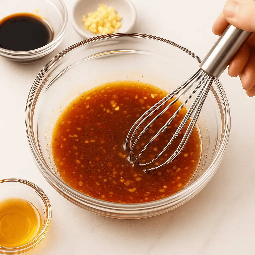 In a small bowl, whisk together the sweet chili sauce, soy sauce, honey, sesame oil, ginger, and garlic.