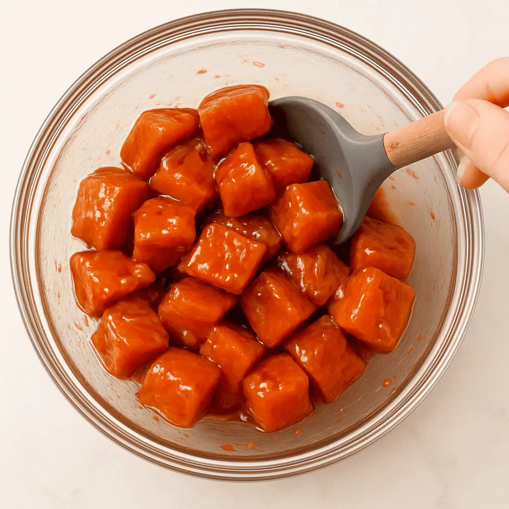 Toss the salmon cubes with half of the sauce until well coated.
