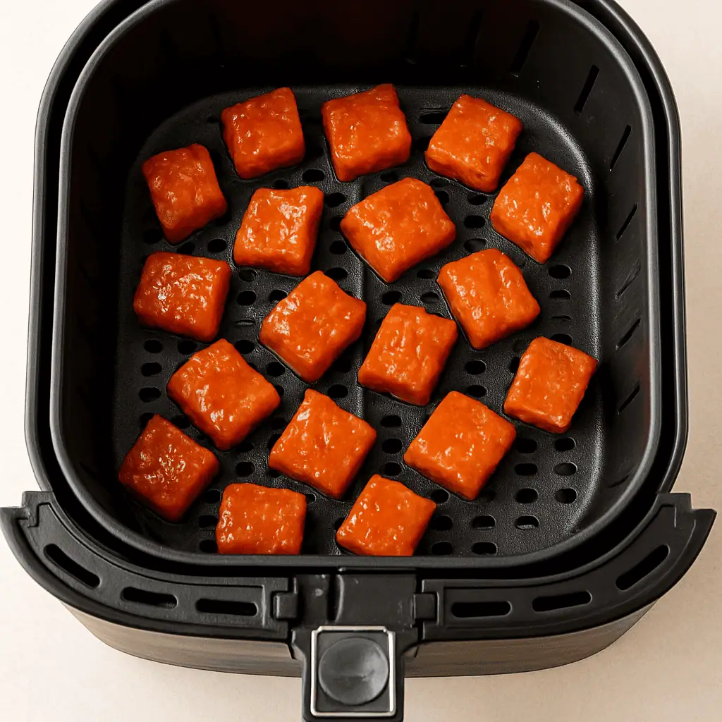 Place the salmon cubes in a single layer in the air fryer basket (don’t overcrowd).