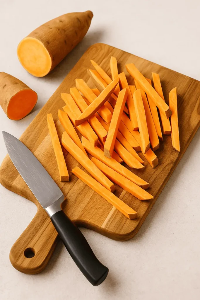 Cut the sweet potatoes: Slice into even ¼-inch sticks. The more uniform, the better they cook.