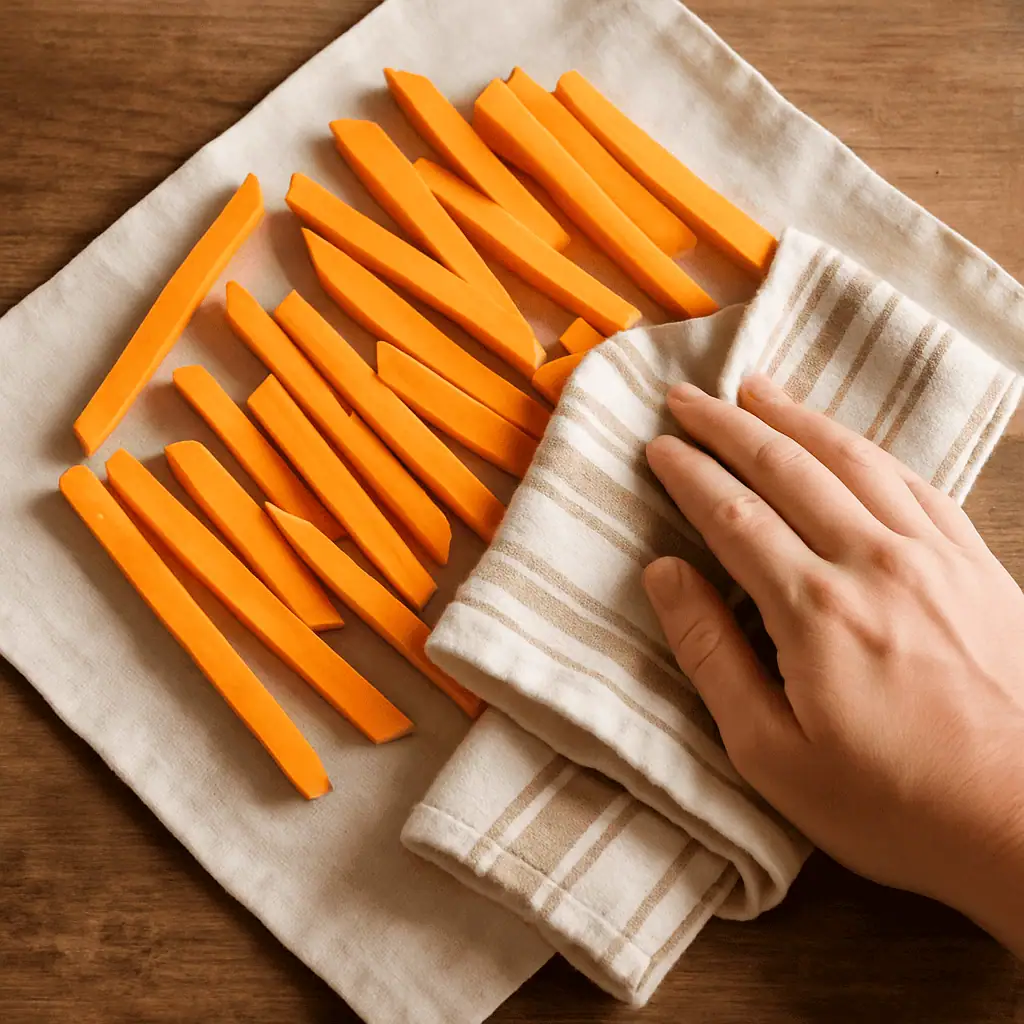 Dry thoroughly: Pat dry with clean towels — any moisture = soggy fries.