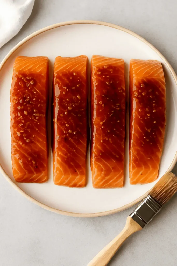 Prep salmon: Pat fillets dry and brush generously with teriyaki sauce.